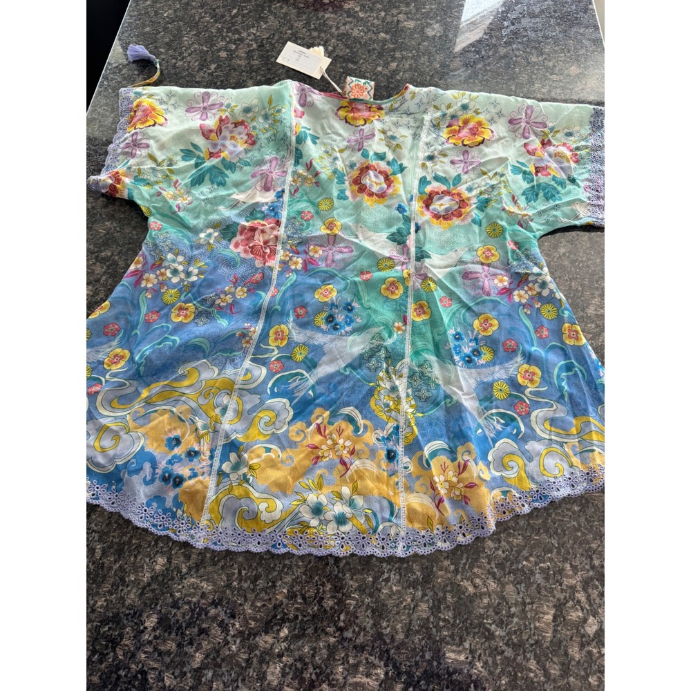 Johnny Was Anji Blouse Altair Floral Tassel V-Neck Top Teal Multi C18726-4 Small - Picture 12 of 13